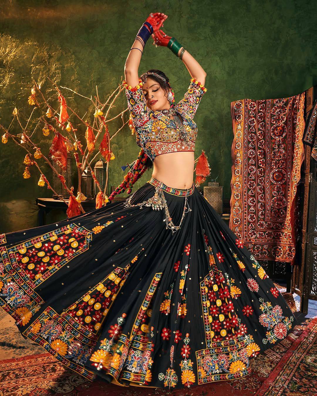 Black Color Digital Printed Mirror Work Navratri Lehenga Choli