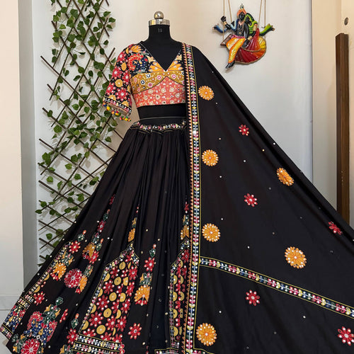Black Color Digital Printed Mirror Work Navratri Lehenga Choli