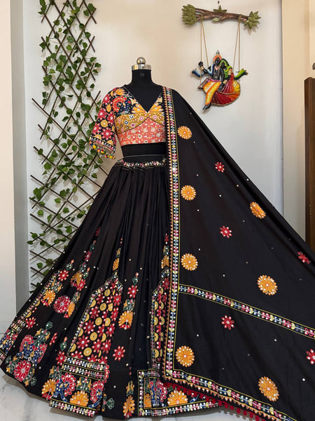 Black Color Digital Printed Mirror Work Navratri Lehenga Choli