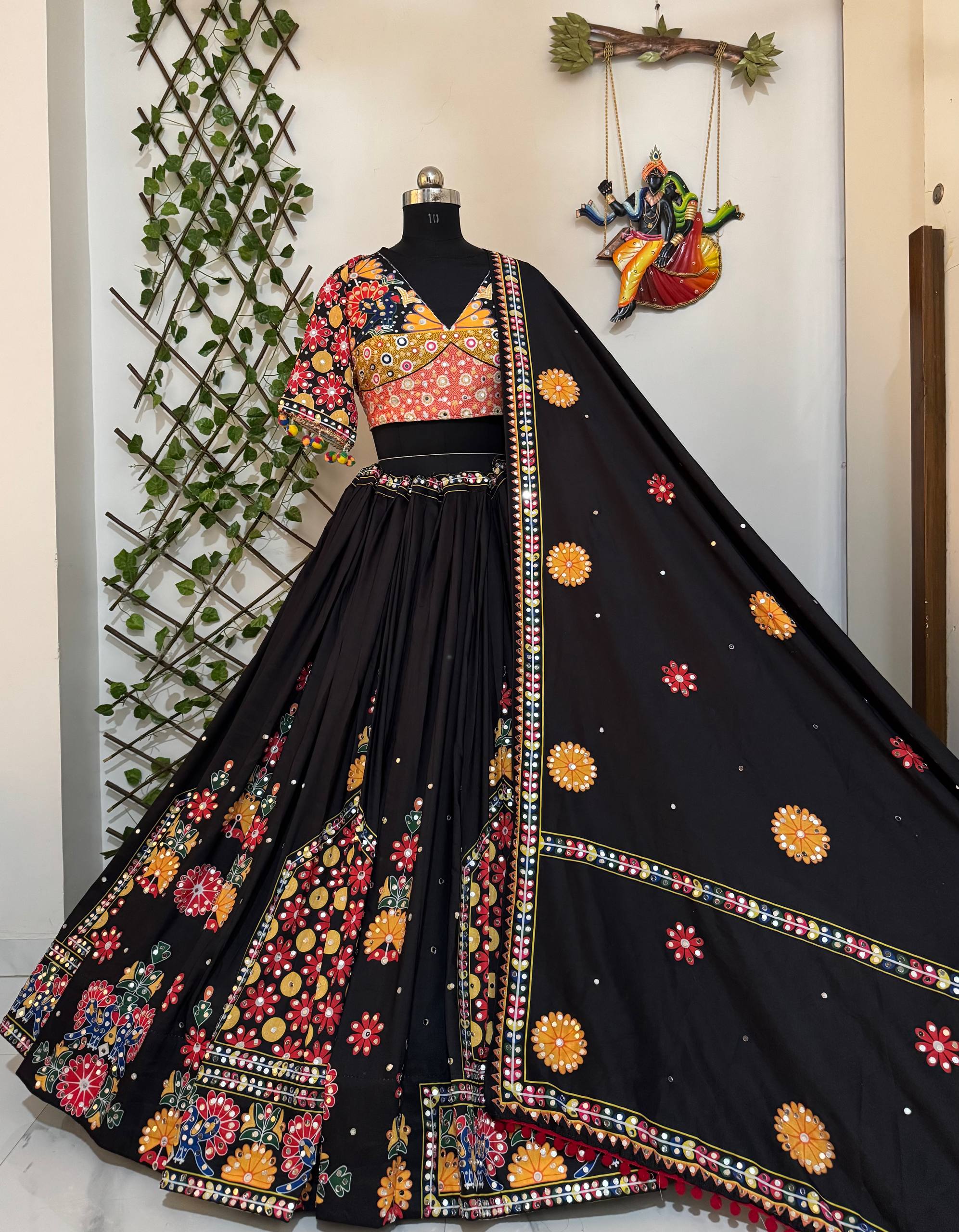 Black Color Digital Printed Mirror Work Navratri Lehenga Choli