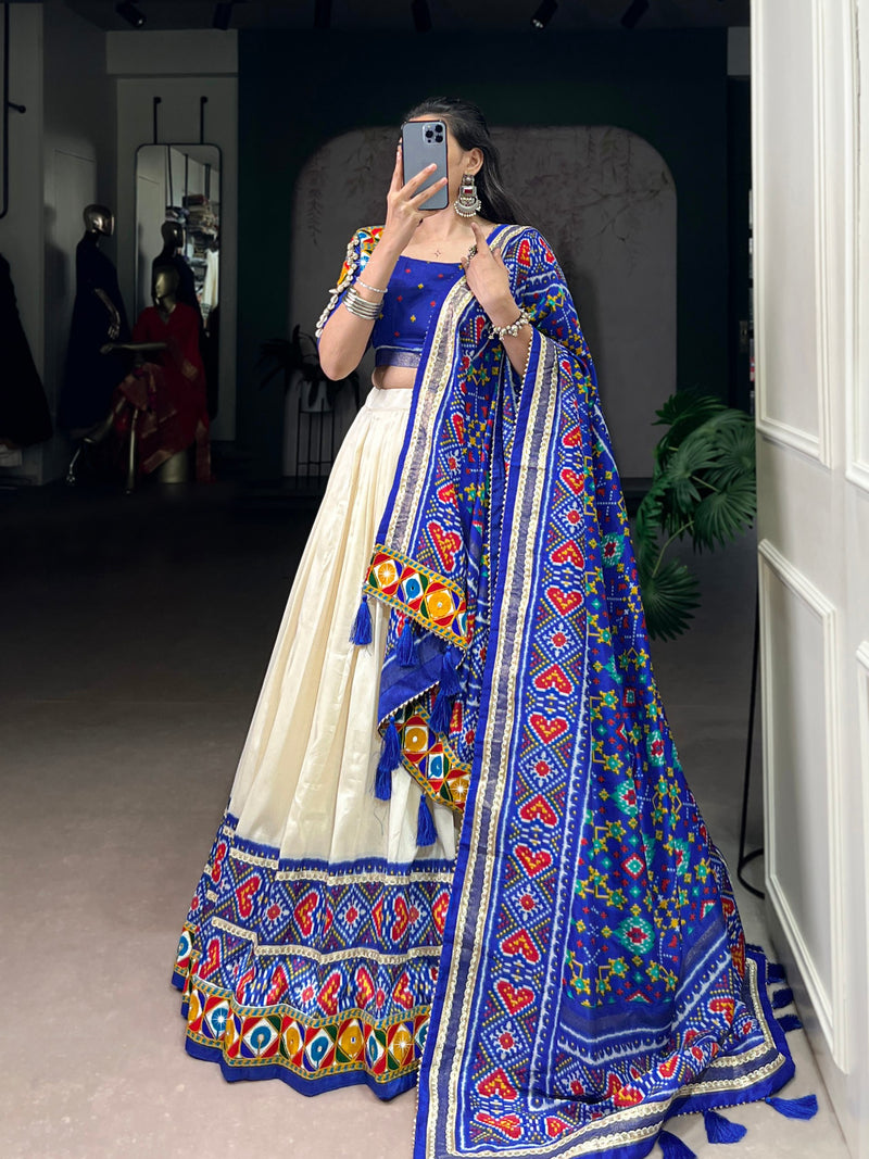 Blue Color Patola Print with Gamthi Work Navratri Lehenga Choli