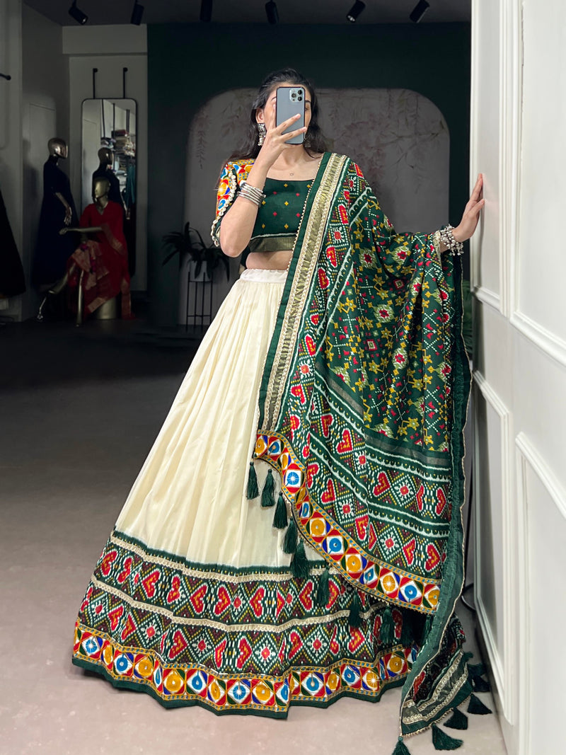 Green Color Patola Print with Gamthi Work Navratri Lehenga Choli