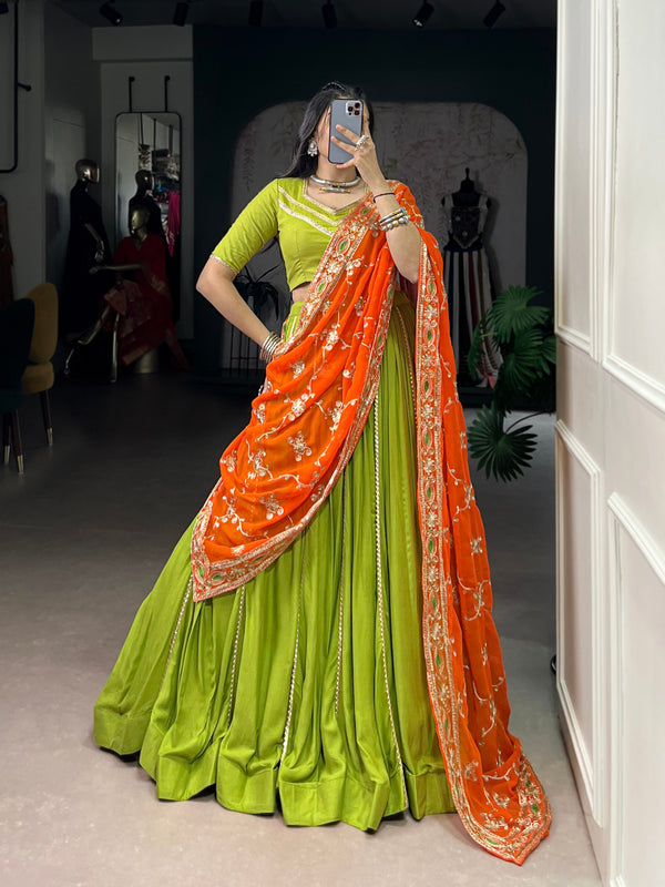Green Color Rayon Traditional Navratri Style Lehenga Choli