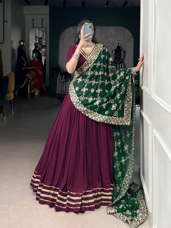 Wine Color Rayon Traditional Navratri Style Lehenga Choli