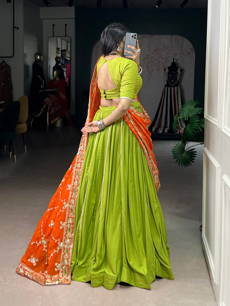 Green Color Rayon Traditional Navratri Style Lehenga Choli
