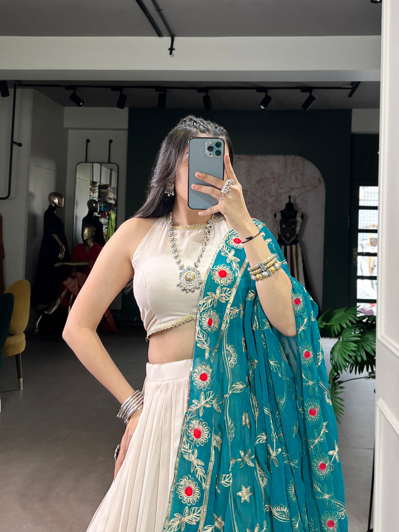 White Color Rayon Traditional Navratri Style Lehenga Choli