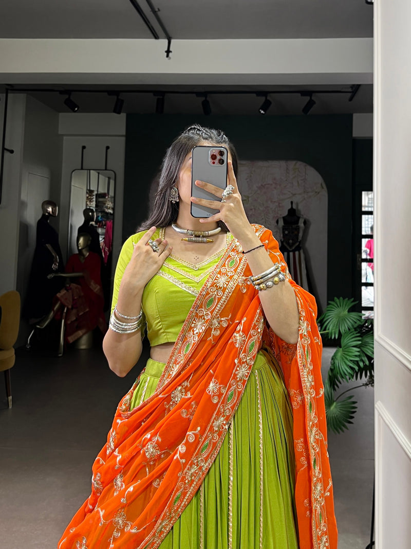 Green Color Rayon Traditional Navratri Style Lehenga Choli