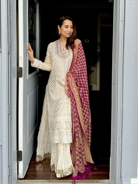 White Color Georgette Sequence Embroidery Work Palazzo Suit