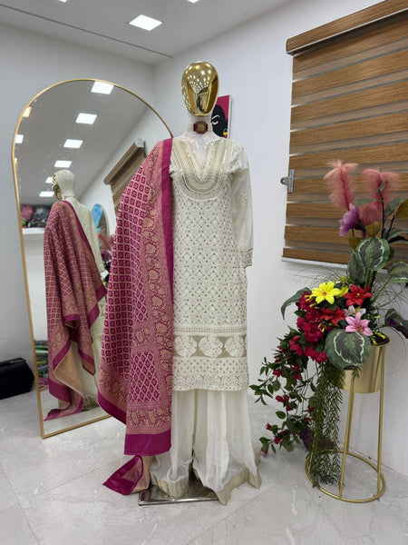 White Color Georgette Sequence Embroidery Work Palazzo Suit