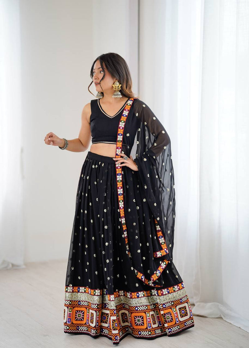 Black Color Gamthi Work Georgette Navratri Lehenga Choli