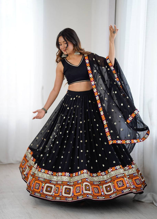 Black Color Gamthi Work Georgette Navratri Lehenga Choli