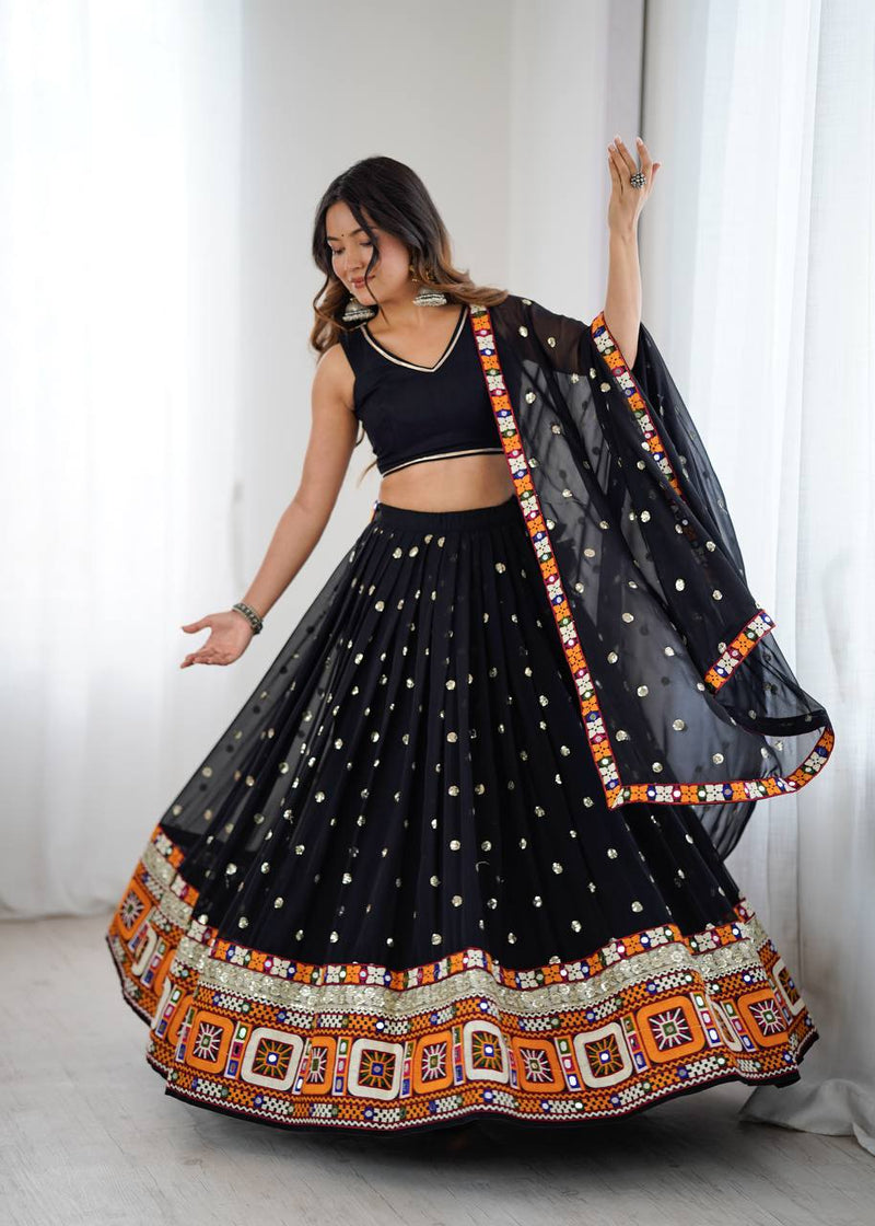 Black Color Gamthi Work Georgette Navratri Lehenga Choli