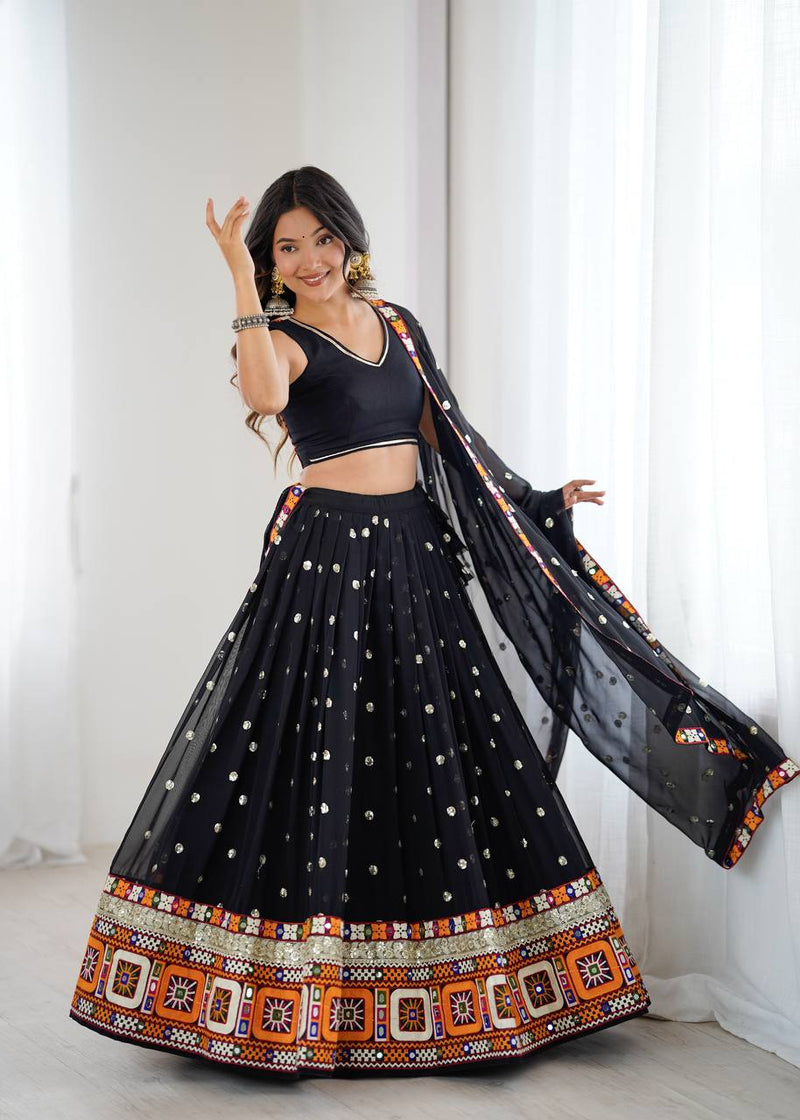 Black Color Gamthi Work Georgette Navratri Lehenga Choli