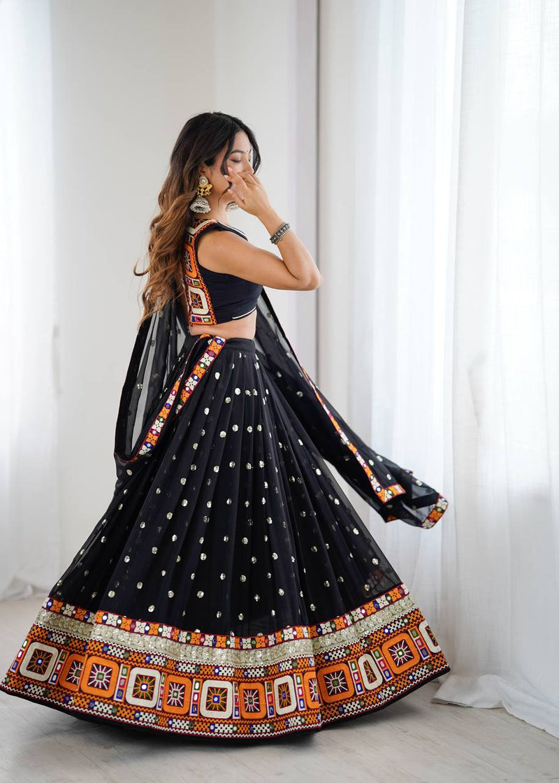 Black Color Gamthi Work Georgette Navratri Lehenga Choli