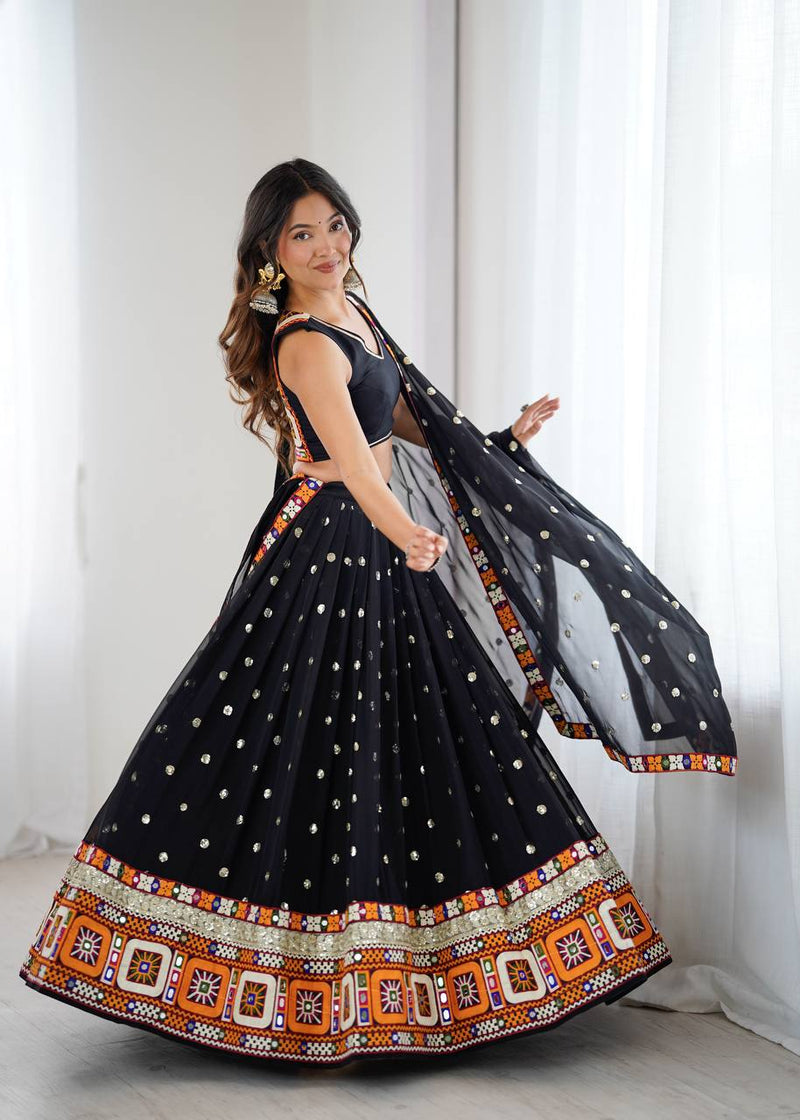 Black Color Gamthi Work Georgette Navratri Lehenga Choli
