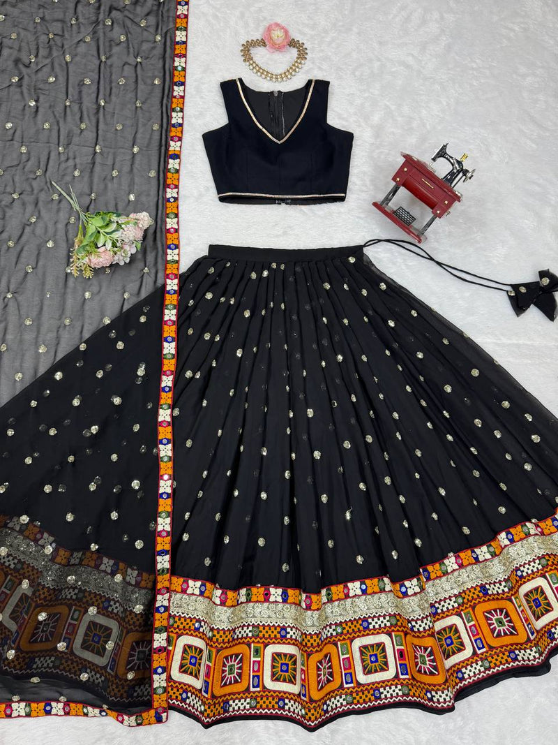 Black Color Gamthi Work Georgette Navratri Lehenga Choli