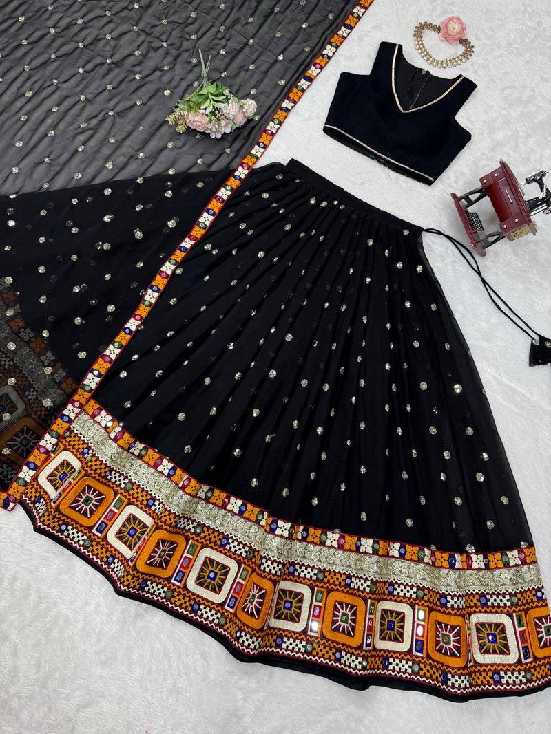 Black Color Gamthi Work Georgette Navratri Lehenga Choli