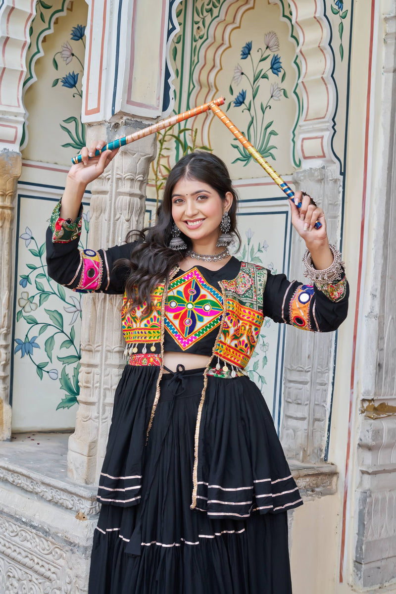 Black Color Navratri Rady to Wear Cotton Lehenga with Blouse and Koti