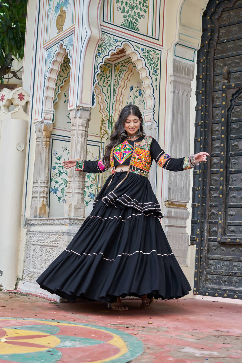 Black Color Navratri Rady to Wear Cotton Lehenga with Blouse and Koti