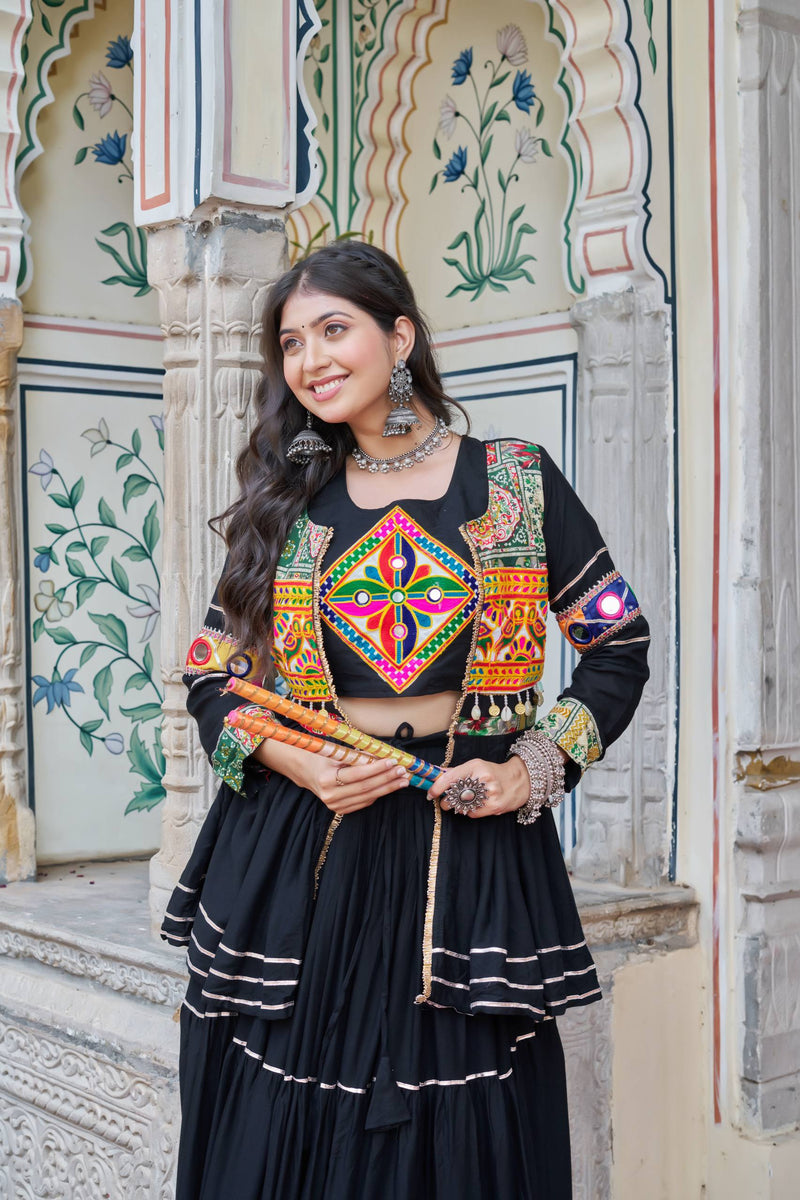 Black Color Navratri Rady to Wear Cotton Lehenga with Blouse and Koti
