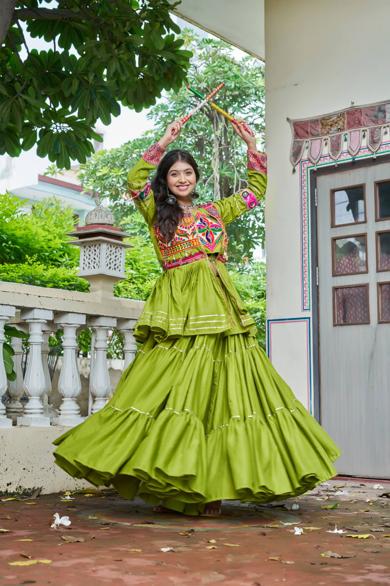 Green Color Navratri Rady to Wear Cotton Lehenga with Blouse and Koti