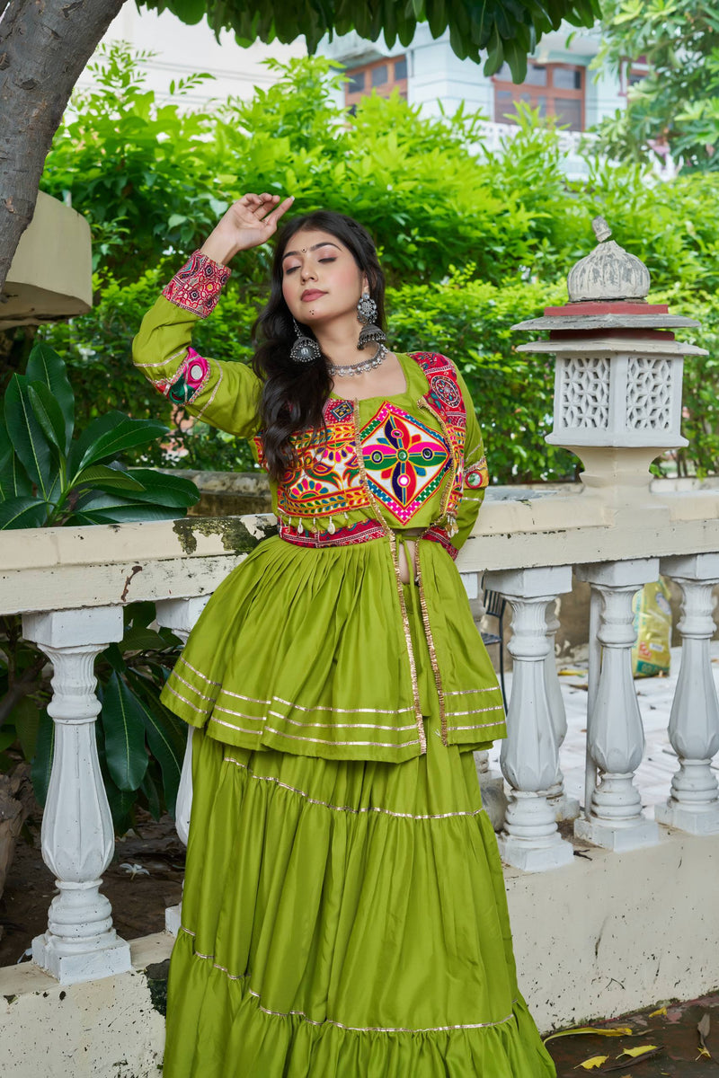 Green Color Navratri Rady to Wear Cotton Lehenga with Blouse and Koti