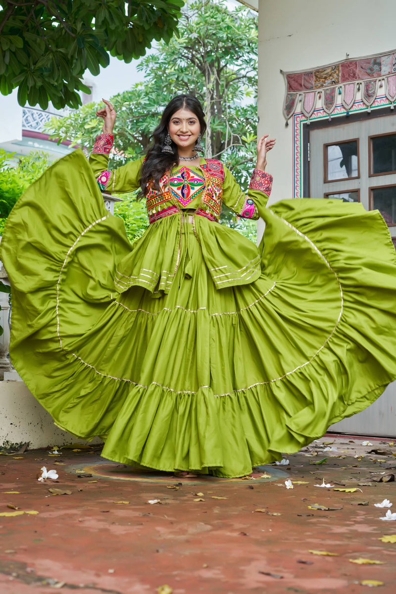 Green Color Navratri Rady to Wear Cotton Lehenga with Blouse and Koti