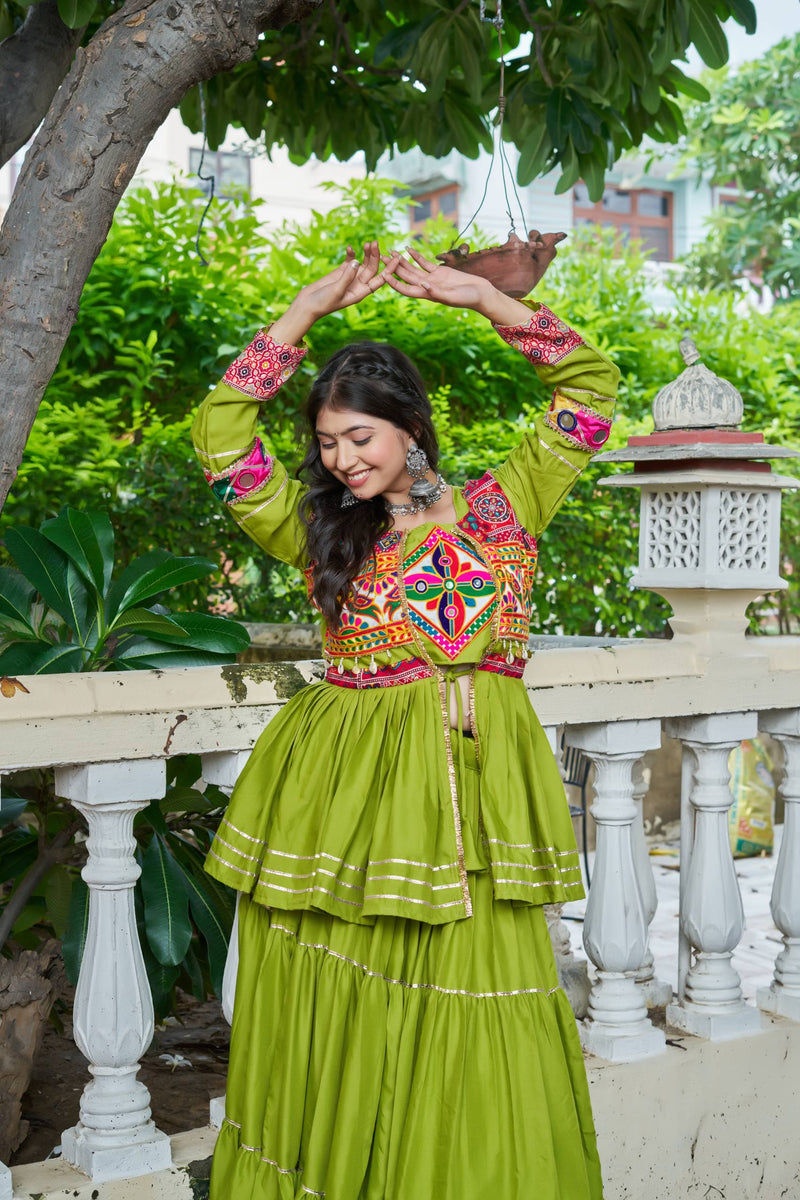 Green Color Navratri Rady to Wear Cotton Lehenga with Blouse and Koti