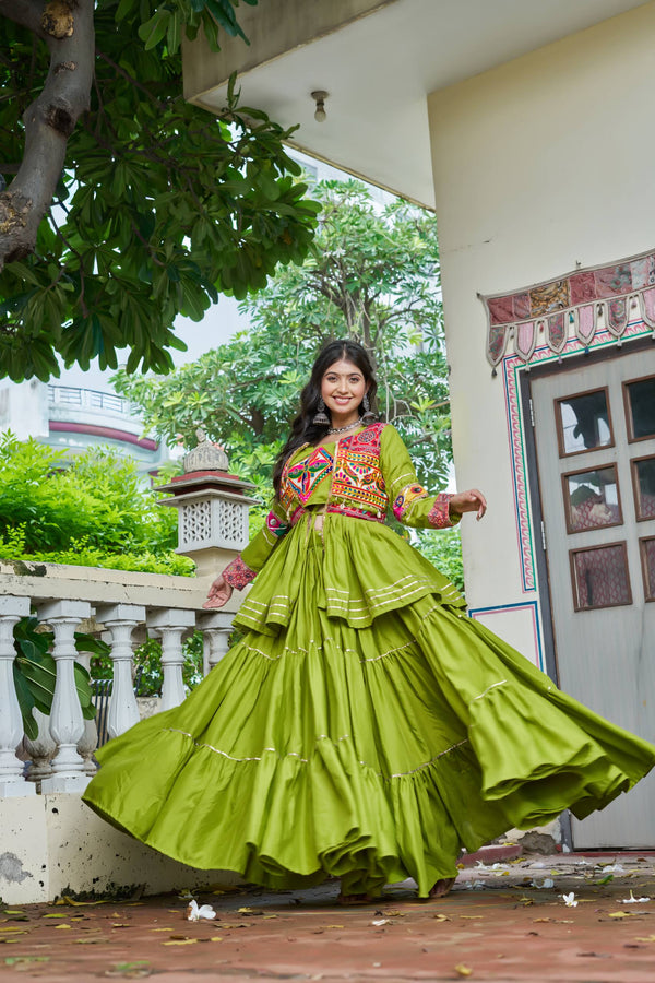 Green Color Navratri Rady to Wear Cotton Lehenga with Blouse and Koti