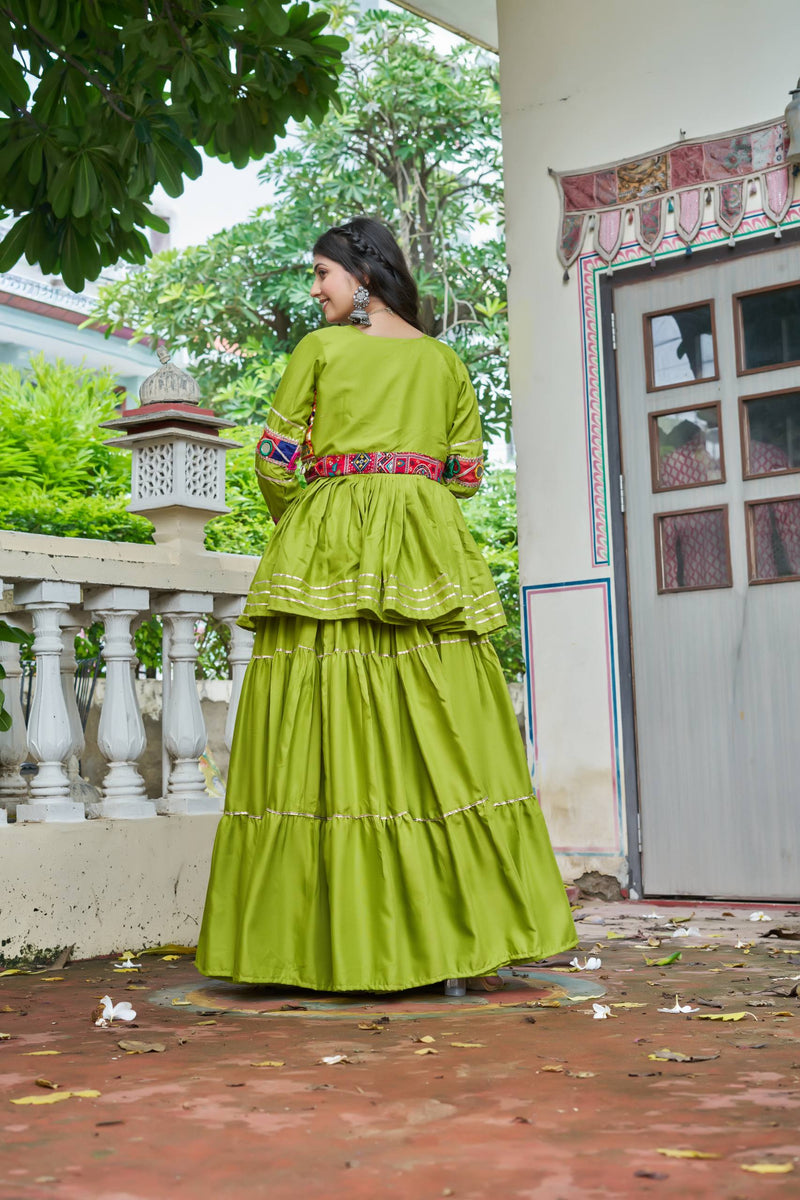Green Color Navratri Rady to Wear Cotton Lehenga with Blouse and Koti