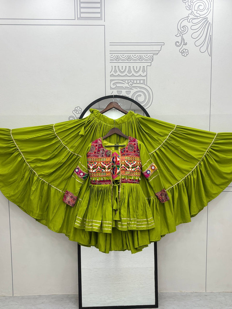Green Color Navratri Rady to Wear Cotton Lehenga with Blouse and Koti