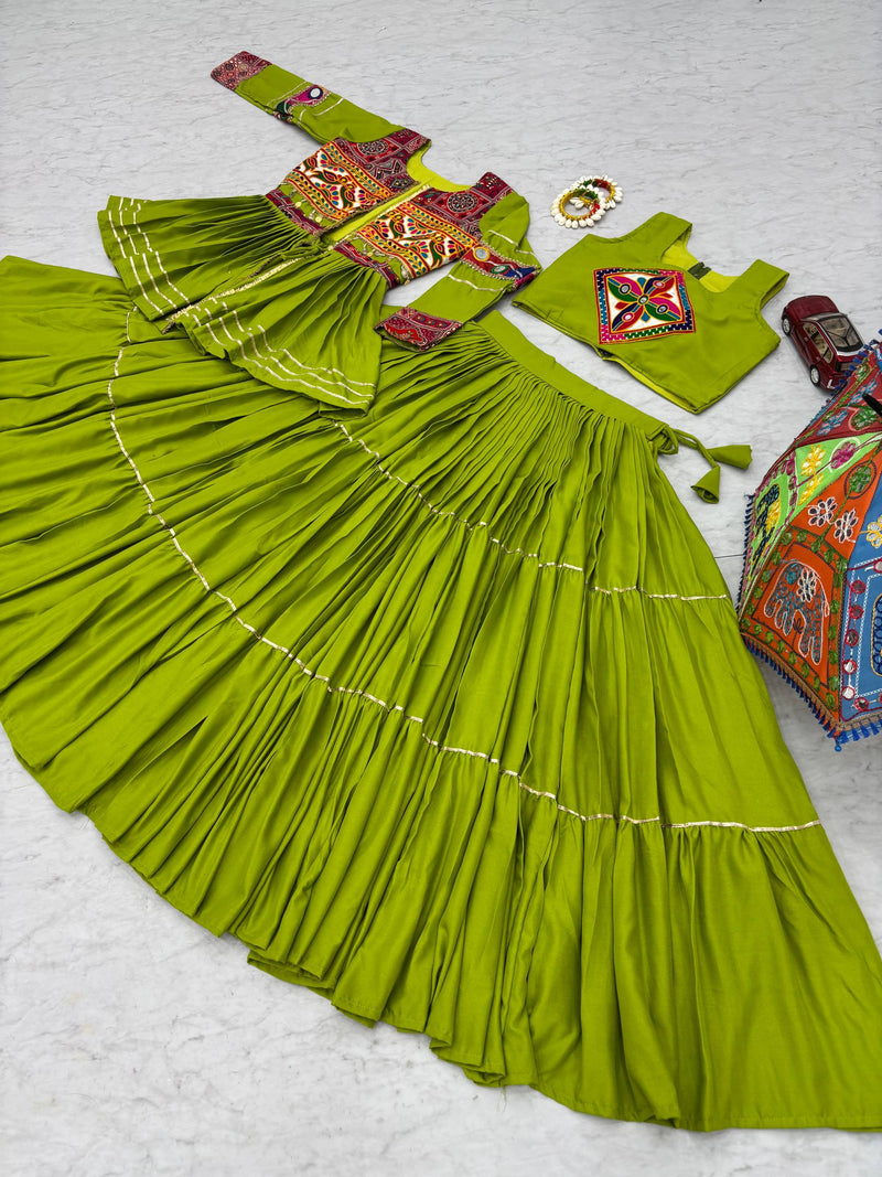 Green Color Navratri Rady to Wear Cotton Lehenga with Blouse and Koti