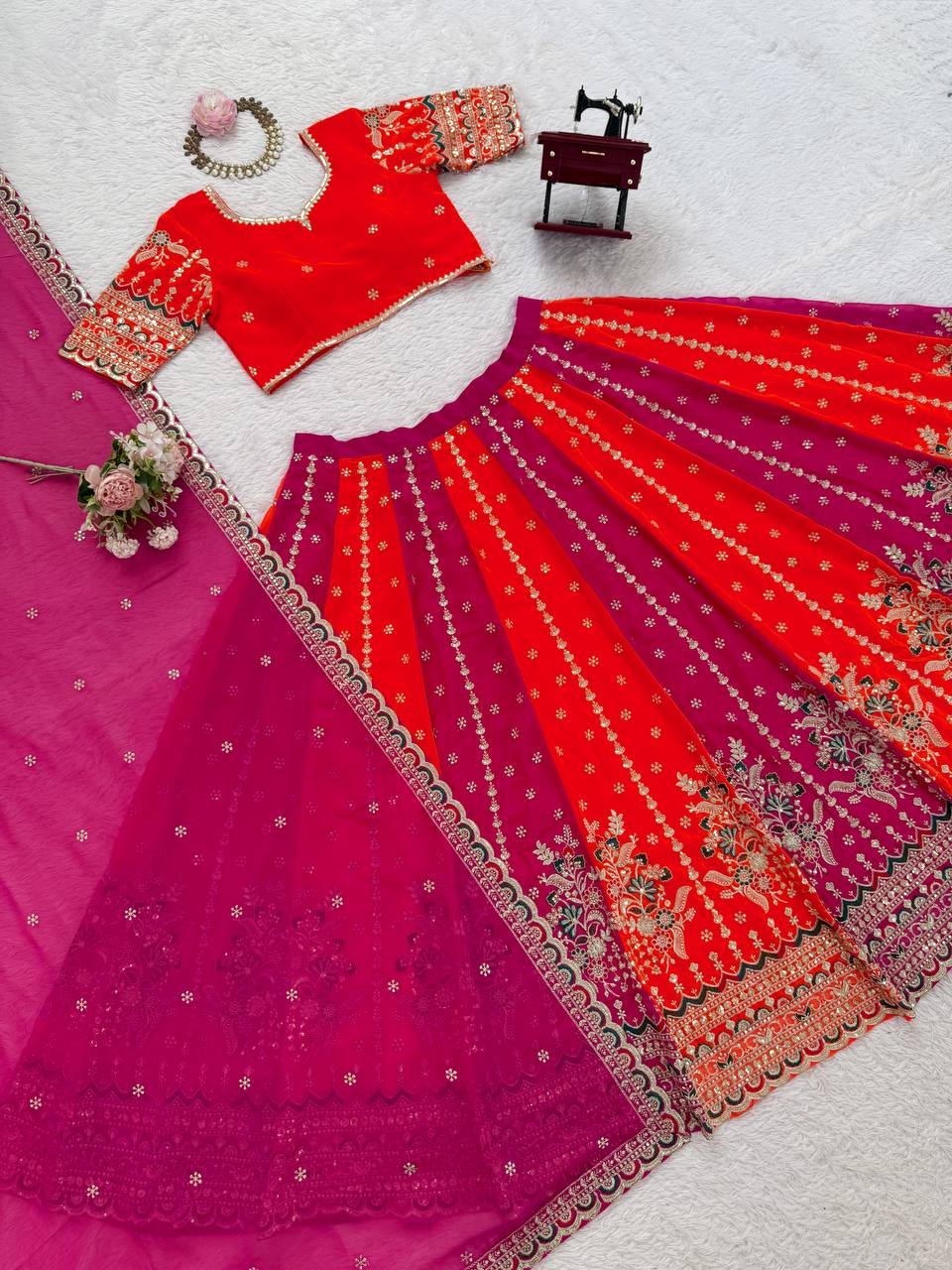Pink-Orange Color Wedding Wear Designer Heavy Lehenga Choli