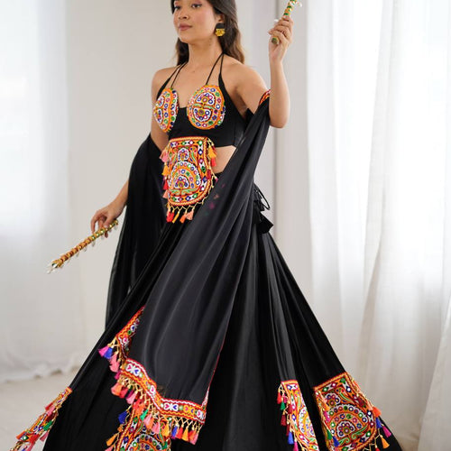 Black Color Navratri Designer Gamthi Work Rady to Wear Lehenga Set