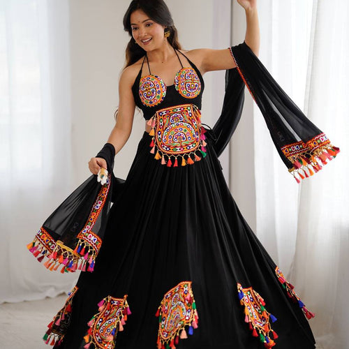 Black Color Navratri Designer Gamthi Work Rady to Wear Lehenga Set