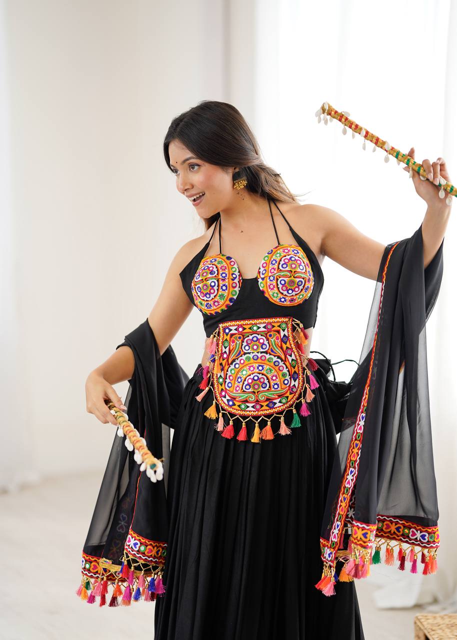Black Color Navratri Designer Gamthi Work Rady to Wear Lehenga Set