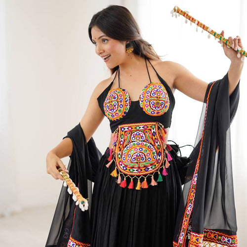 Black Color Navratri Designer Gamthi Work Rady to Wear Lehenga Set
