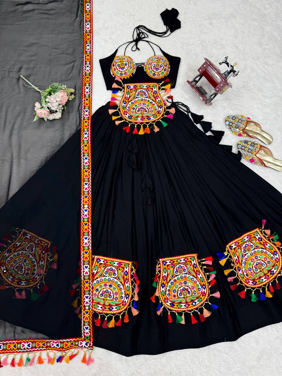 Black Color Navratri Designer Gamthi Work Rady to Wear Lehenga Set