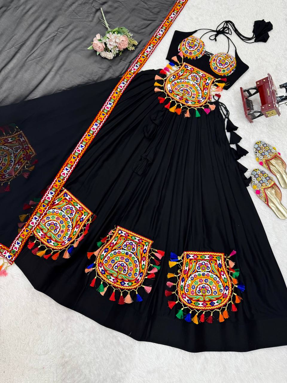 Black Color Navratri Designer Gamthi Work Rady to Wear Lehenga Set