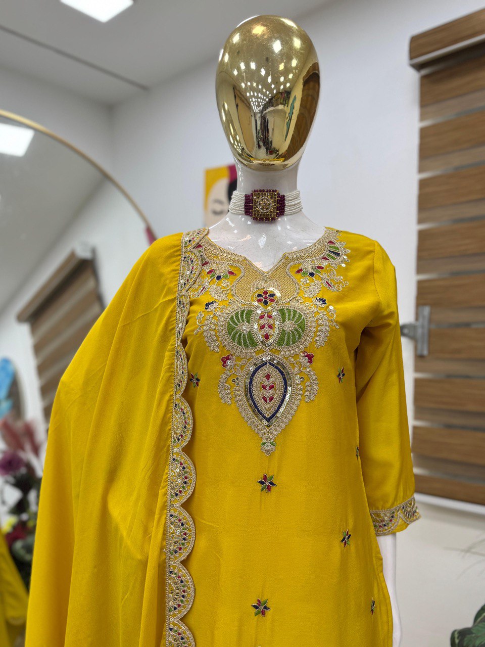 Yellow Color Embroidered Wedding Wear Chinon Silk Sharara Suit