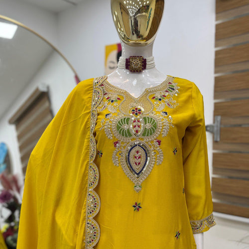 Yellow Color Embroidered Wedding Wear Chinon Silk Sharara Suit