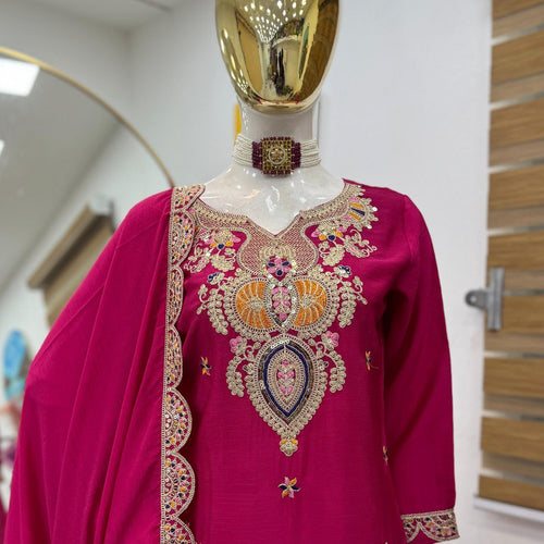 Pink Color Embroidered Wedding Wear Chinon Silk Sharara Suit