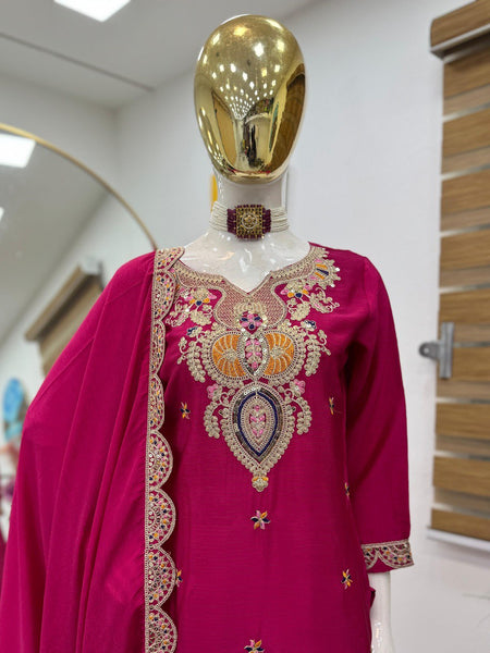 Pink Color Embroidered Wedding Wear Chinon Silk Sharara Suit