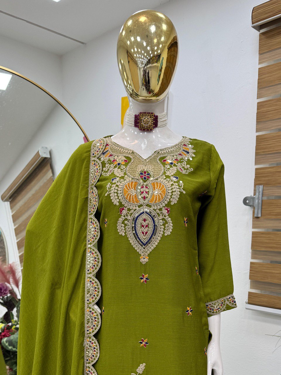 Green Color Embroidered Wedding Wear Chinon Silk Sharara Suit