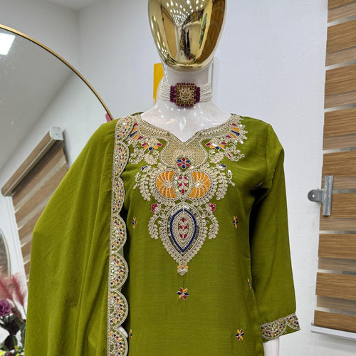 Green Color Embroidered Wedding Wear Chinon Silk Sharara Suit