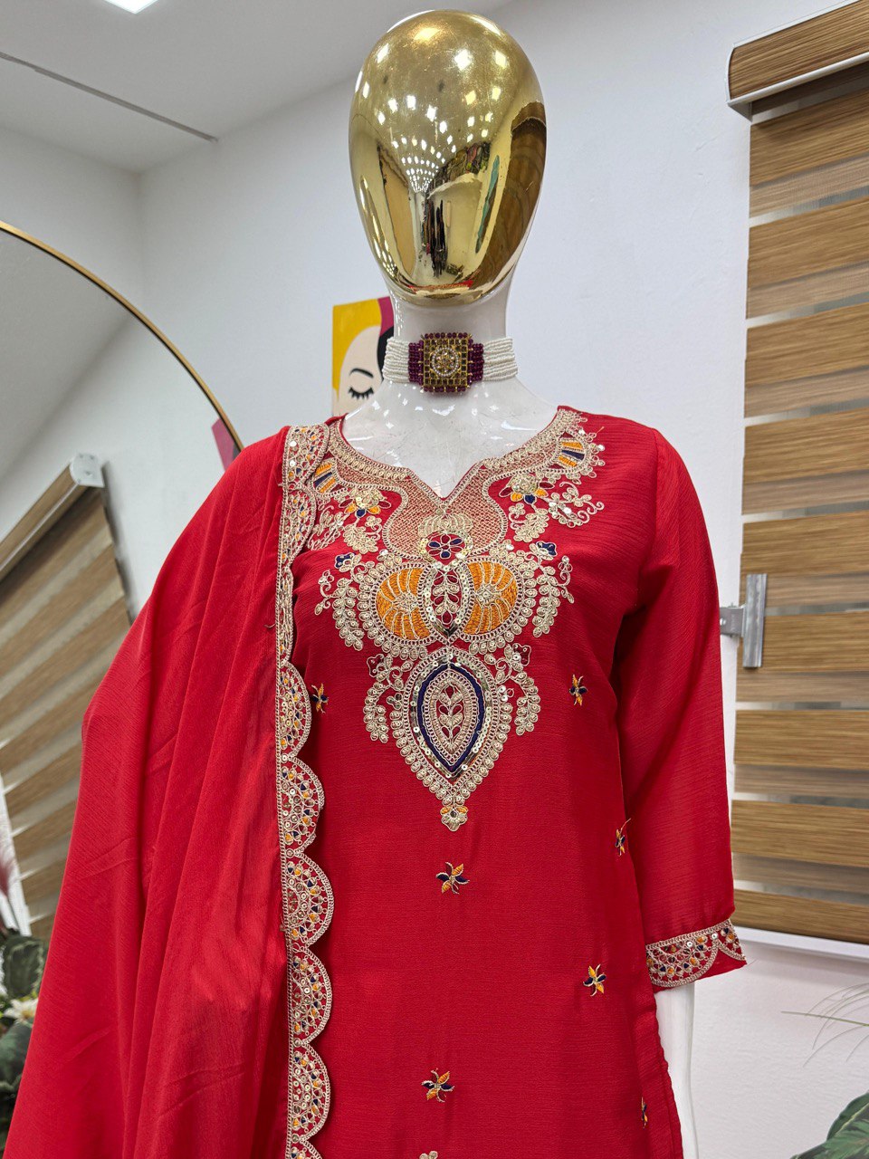 Red Color Embroidered Wedding Wear Chinon Silk Sharara Suit