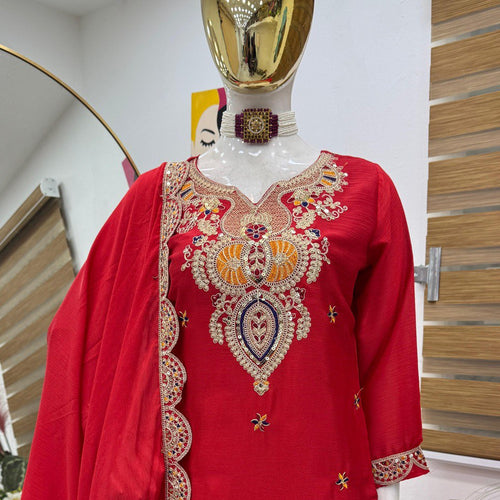 Red Color Embroidered Wedding Wear Chinon Silk Sharara Suit