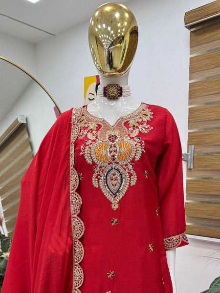 Red Color Embroidered Wedding Wear Chinon Silk Sharara Suit
