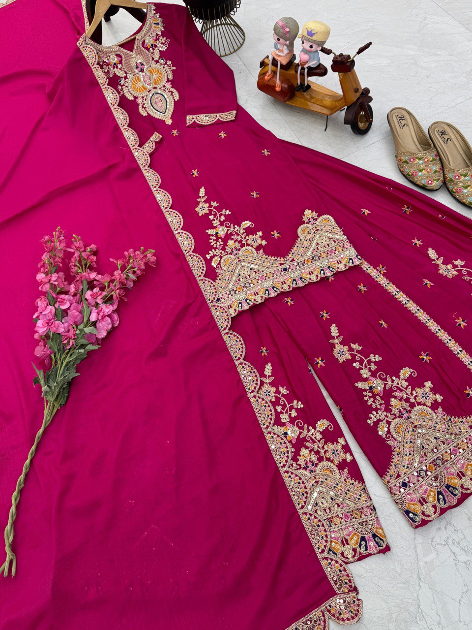Pink Color Embroidered Wedding Wear Chinon Silk Sharara Suit