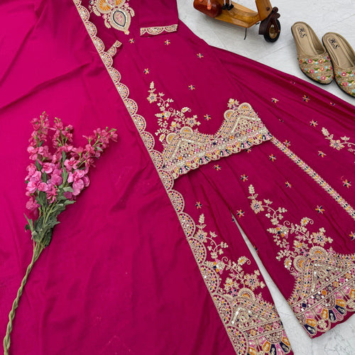 Pink Color Embroidered Wedding Wear Chinon Silk Sharara Suit